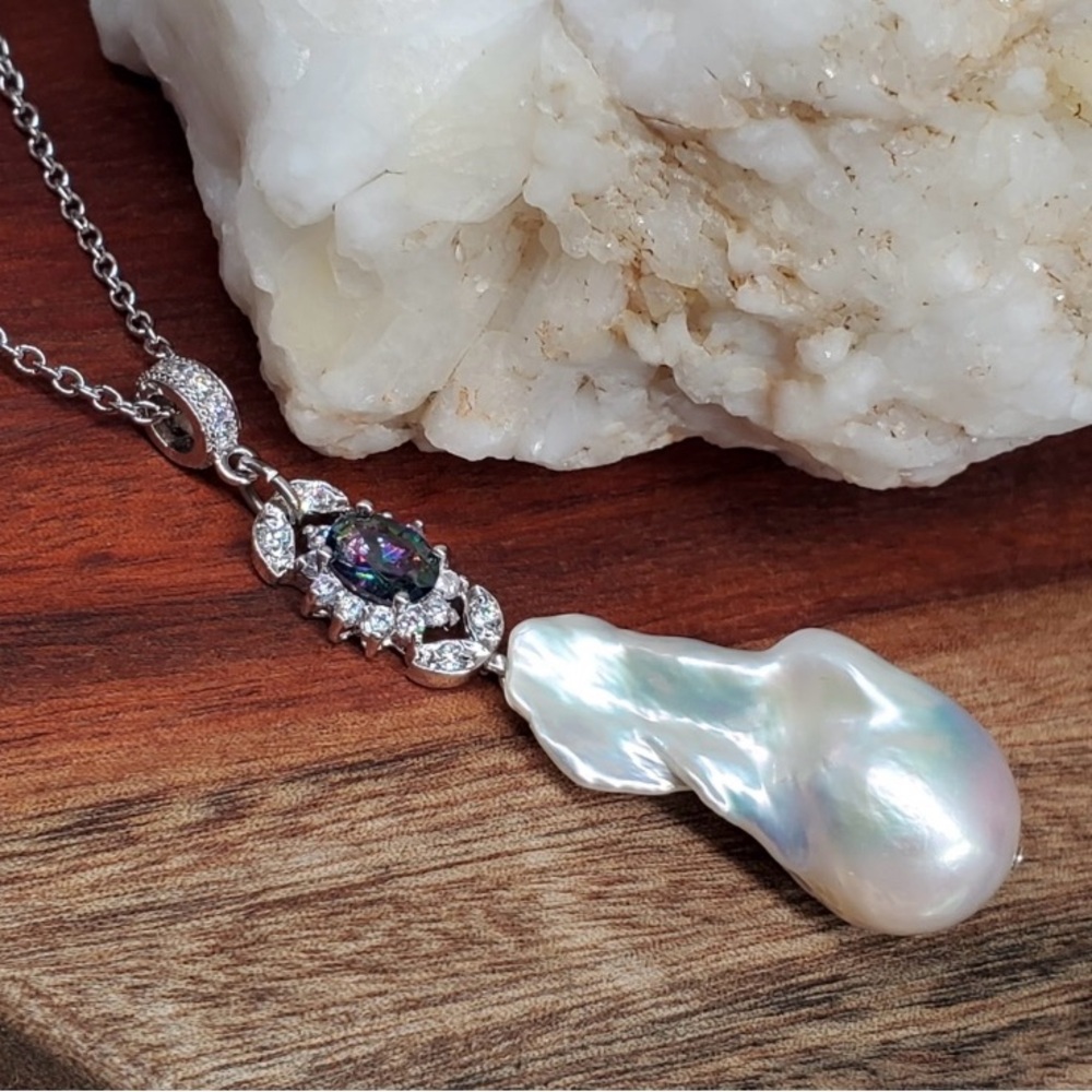 “Snow-Flower” Large Baroque Pearl & Topaz Platinum Plated Pendant